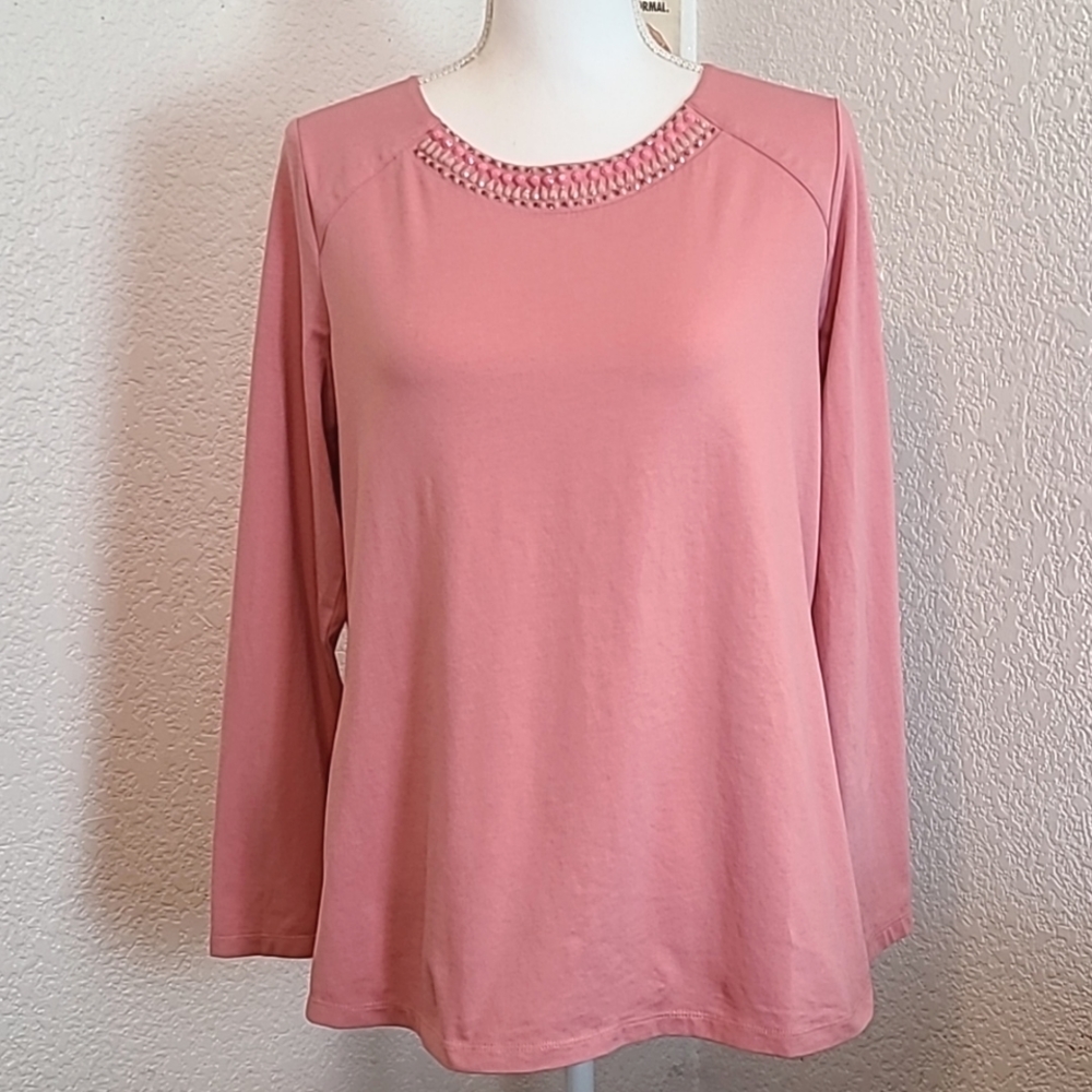 Susan Graver Artisan pink top with beads, M, EUC